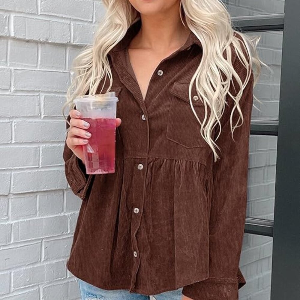 Buttoned-Down Corduroy Soft Peplum Babydoll Brown Shacket with Chest Pockets